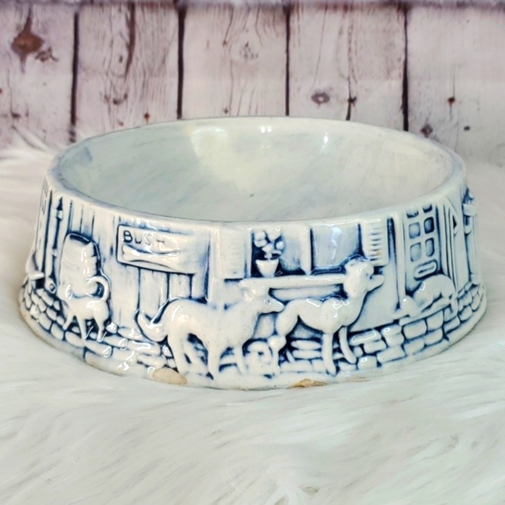 Vintage 90s Ceramic Handpainted Molded Textured 3D Signed Animal Pet Food Dish - Picture 9 of 17
